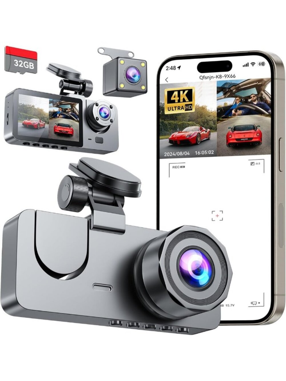4K UHD Dash Cam with Front & Rear View, 3 Channel Car Camera for Safety
